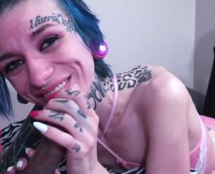 Tatted Super-bitch Gives Split Tongue Blowjob In Her Fresh